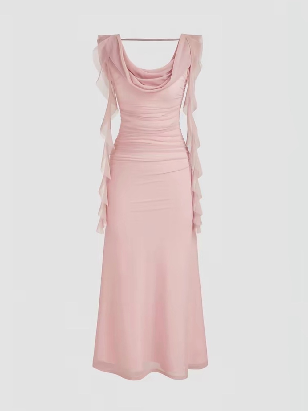Pink Ruched Ruffle Maxi Dress – Size S - Picture 3 of 5
